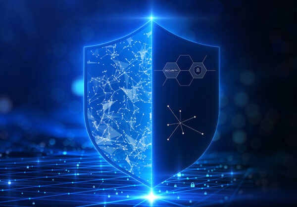 Cybersecurity technology privacy concept to protect data. There is a shield on the right hand side. against a dark blue background with glittering lights as the background.