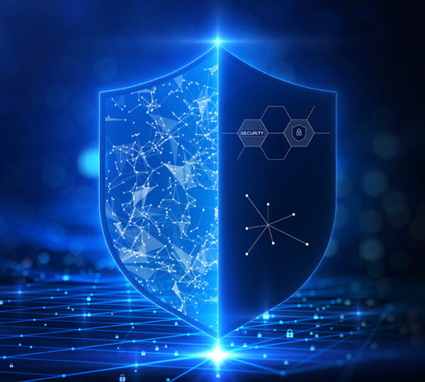 Cybersecurity technology privacy concept to protect data. There is a shield on the right hand side. against a dark blue background with glittering lights as the background.