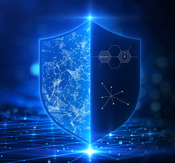 Cybersecurity technology privacy concept to protect data. There is a shield on the right hand side. against a dark blue background with glittering lights as the background.