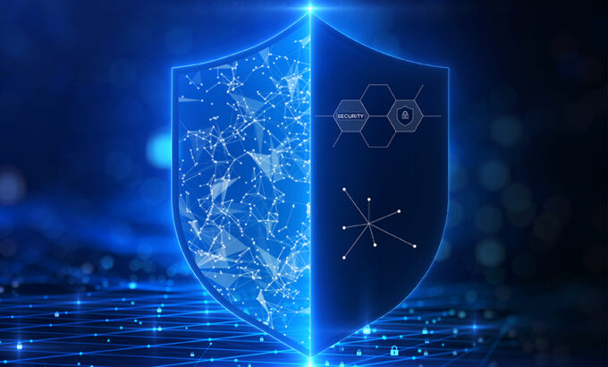 Cybersecurity technology privacy concept to protect data. There is a shield on the right hand side. against a dark blue background with glittering lights as the background.